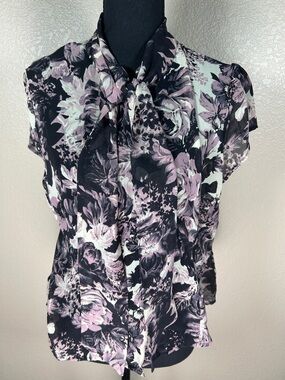 Vintage Spiegel 100% Silk Floral Tie-Neck Sleeveles Blouse Size 16